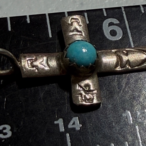Stamped Native American Sterling Silver Cross Pendant with Turquoise Accent (2) - Picture 4 of 8